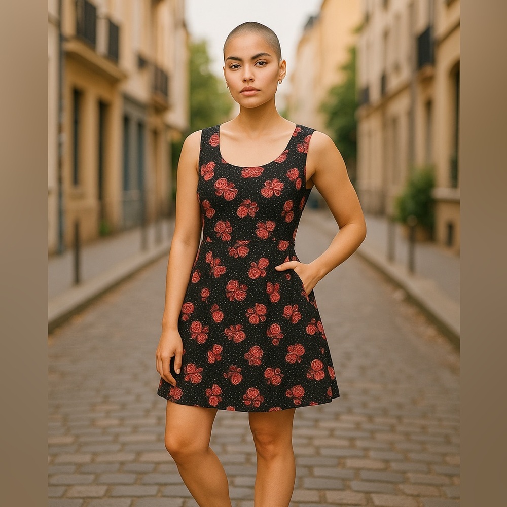 Torrid Black & White Polka Dots with Roses Sleeveless A-Line Dress with Pockets